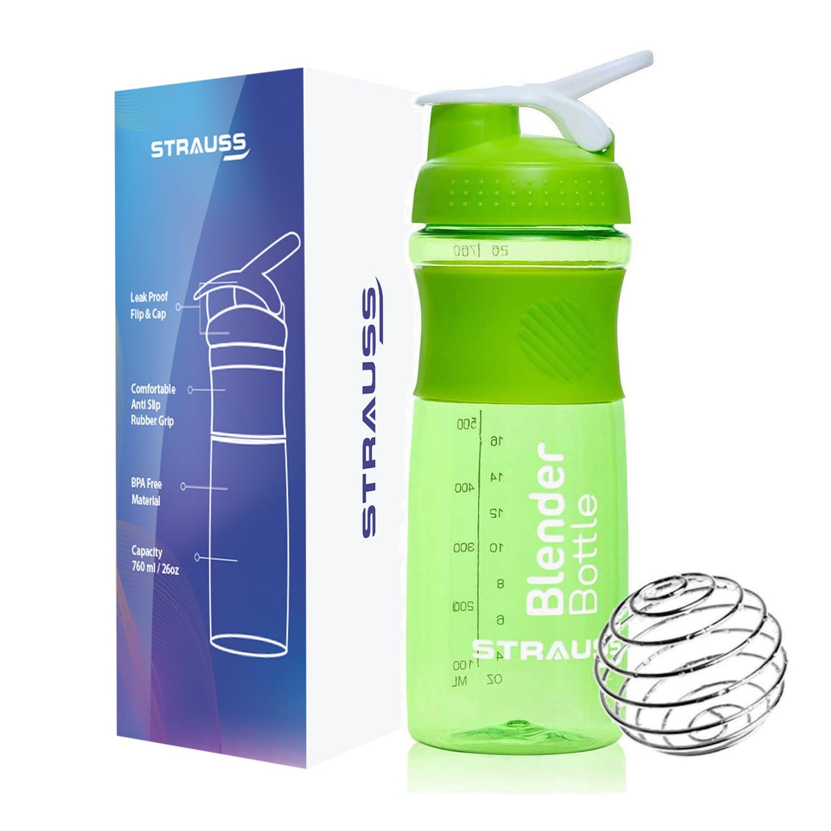 STRAUSS Blender Shaker Bottle | Leakproof Shaker Bottle for Protein Shake, Pre-workout and Bcaa Shake | Protein Shaker Bottle for Gym | Ideal for Men and Women | BPA-Free Material- 760 ML,(Green)