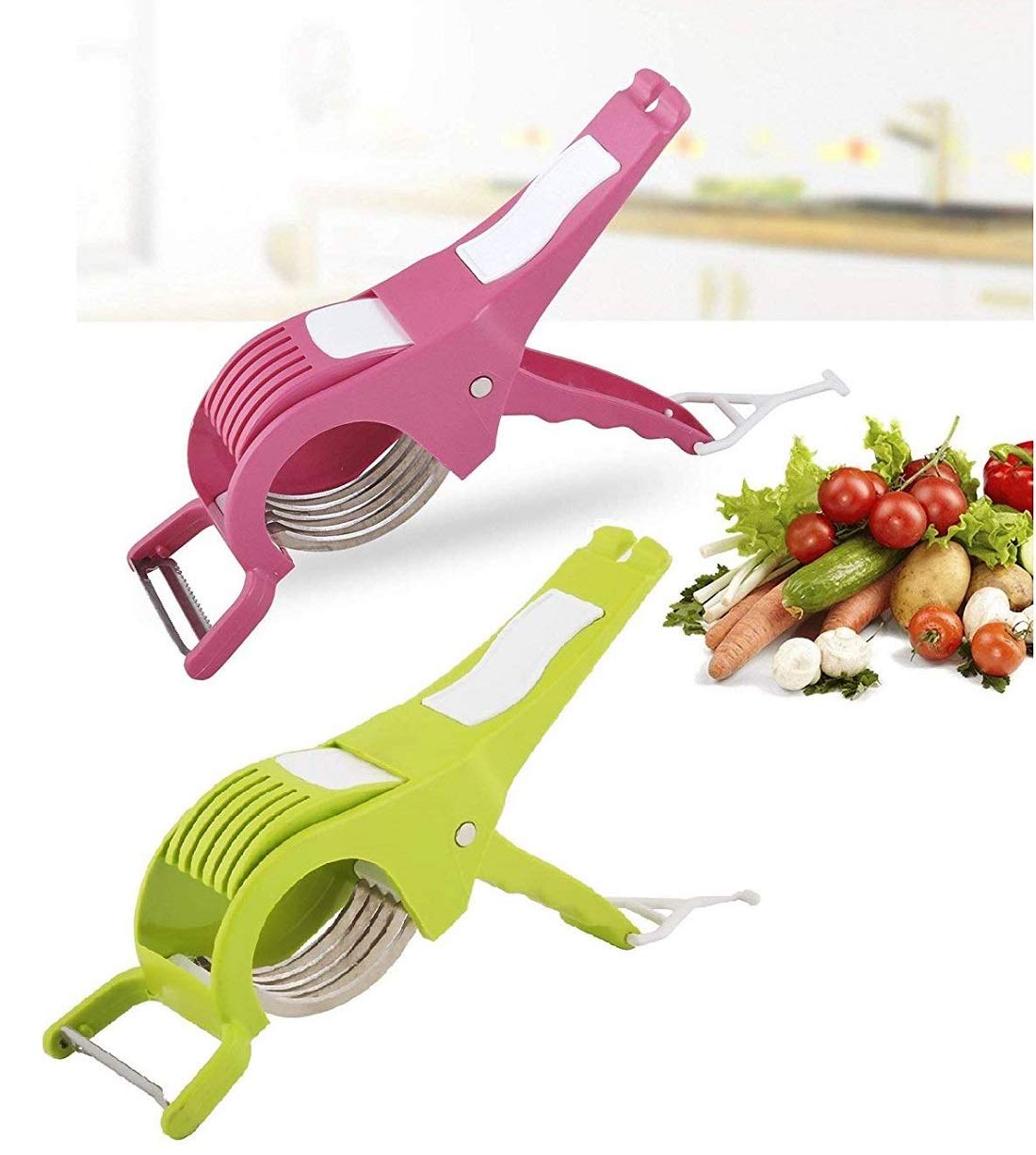 Kuber Industries Plastic 2 Pieces 2 in 1 Vegetable & Fruit Multi Cutter & Peeler,Veg Cutter Sharp Stainless Steel 5 Blade Vegetable Cutter with Peeler (Multi)