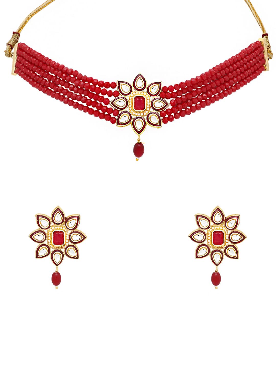 Yellow Chimes Traditional Jewellery Set for Women Ethnic Kundan Jewelry Set Gold Plated Multilayer Red Beads Choker Necklace Set for Women and Girls