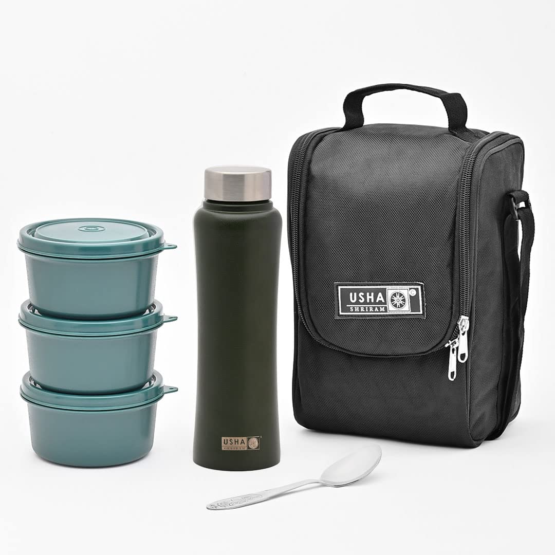 USHA SHRIRAM Lunch Box with Bottle (750ml)|3 Stackable Steel Containers with Fabric Bag, 1 Steel Water Bottle, and Cutlery |Lunch Boxes for Office Men and Women | Leak-Proof, Air-Tight (Dark Green)