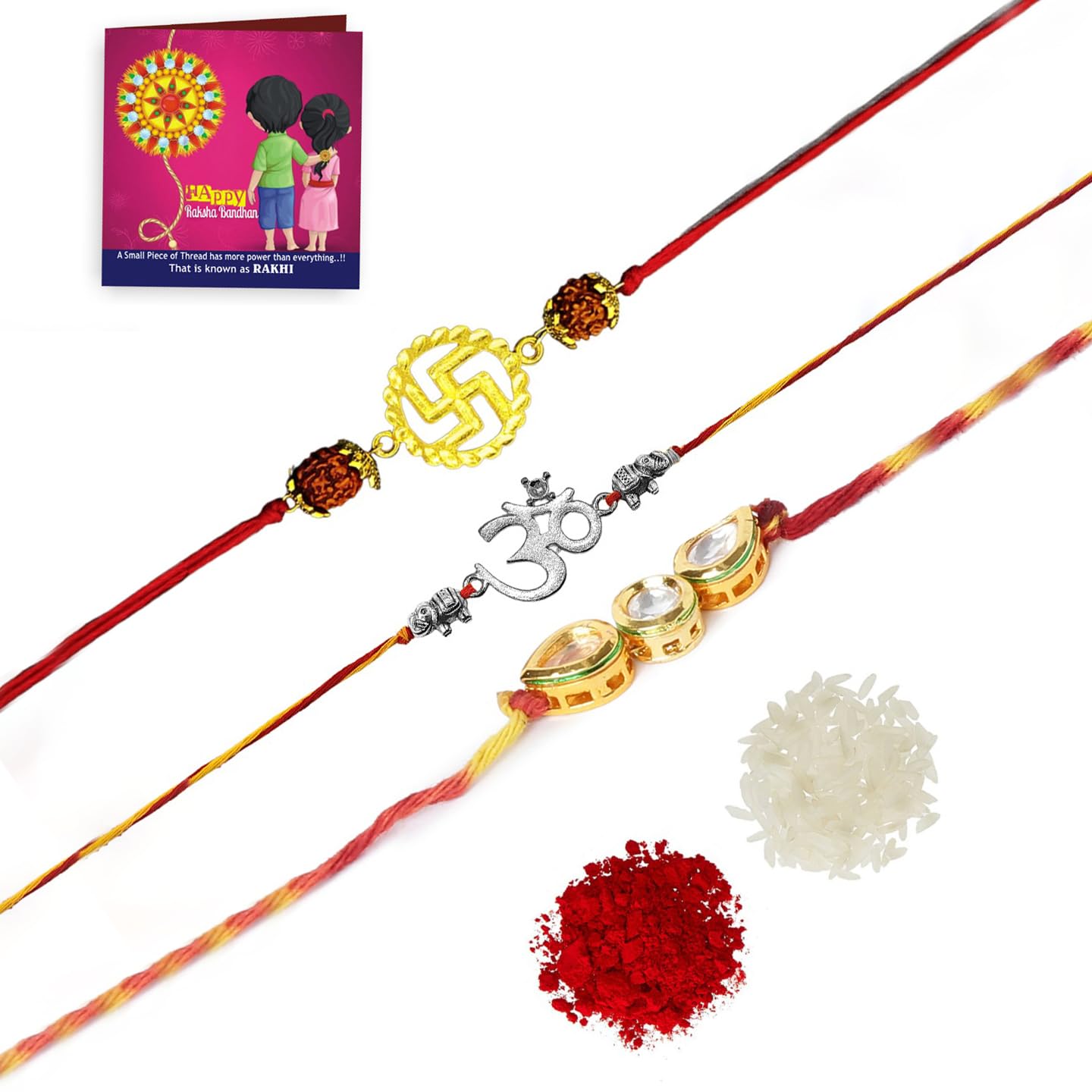 Yellow Chimes Rakhi for Brother | Combo of 3 Rakhi Set for Brother | Traditional Gold and Silver Plated Kundan Rakhi Set for Brother and Sister| Rakhi with Roli, Chawal and Greeting Card