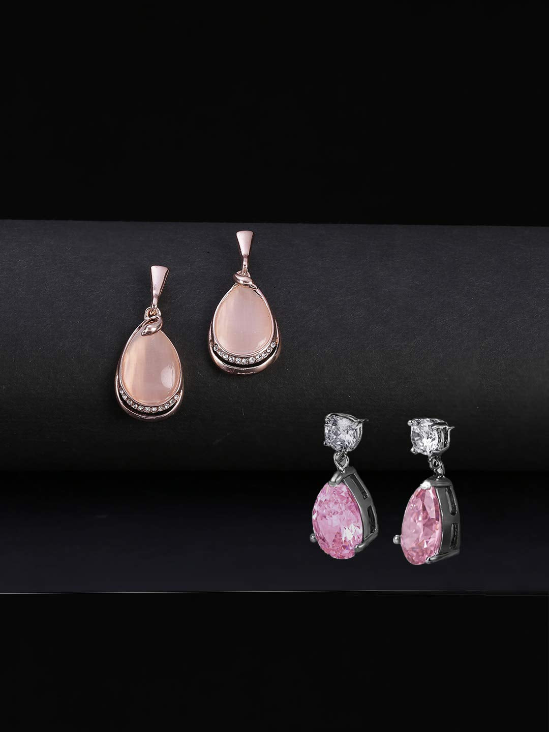Yellow Chimes Combo of Two Pairs Classic Designer Dangling Pink Crystal Rose Gold Plated Opal Drop Earrings for Women and Girls