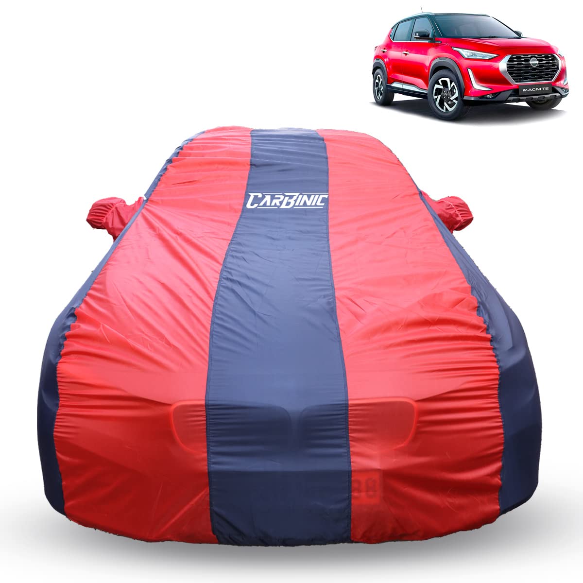 CARBINIC Car Cover for Nissan Magnite 2022 Water Resistant (Tested) and Dustproof Custom Fit UV Heat Resistant Outdoor Protection with Triple Stitched Fully Elastic Surface (Blue & Red)