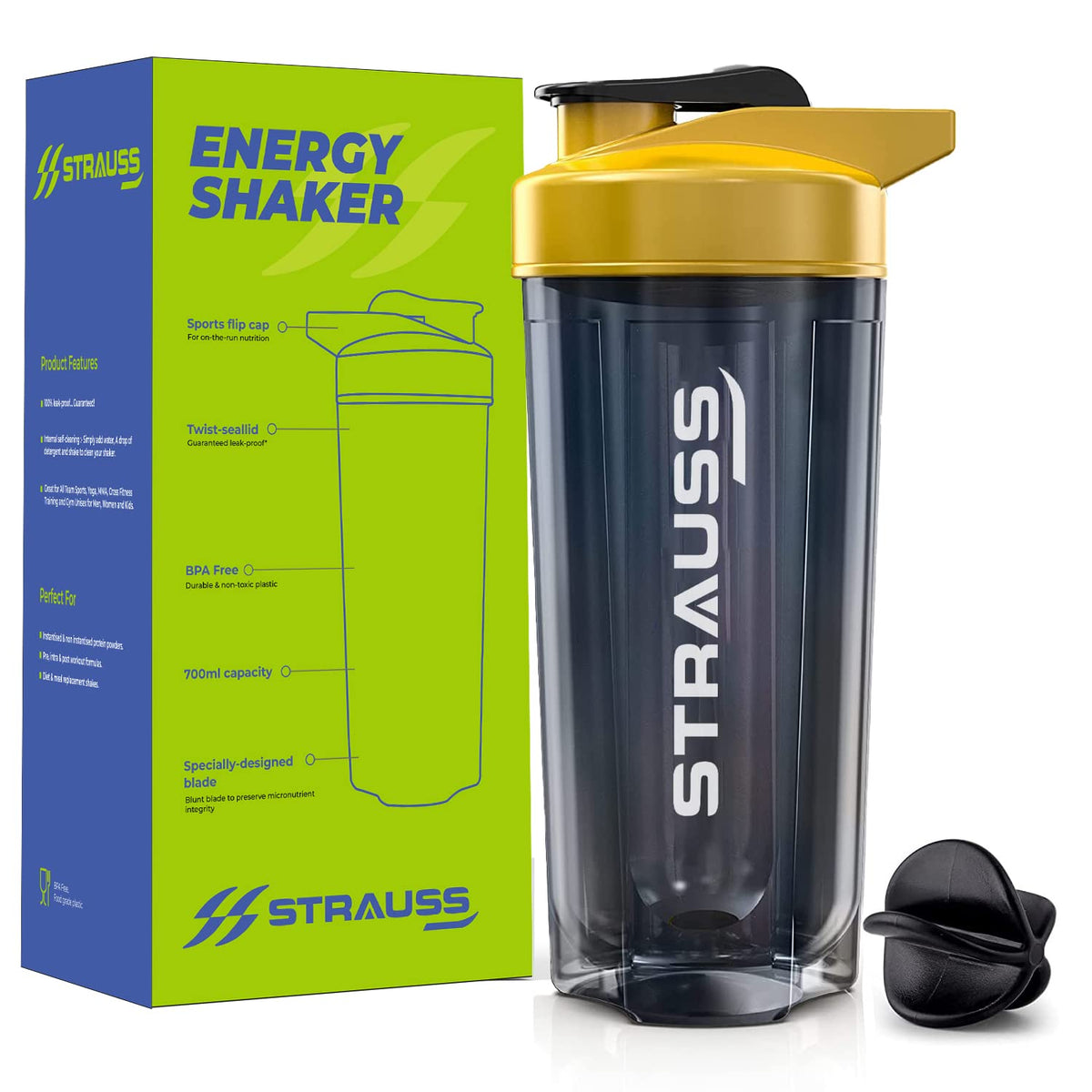 STRAUSS Energy Shaker Bottle, Black Shade, (Yellow)