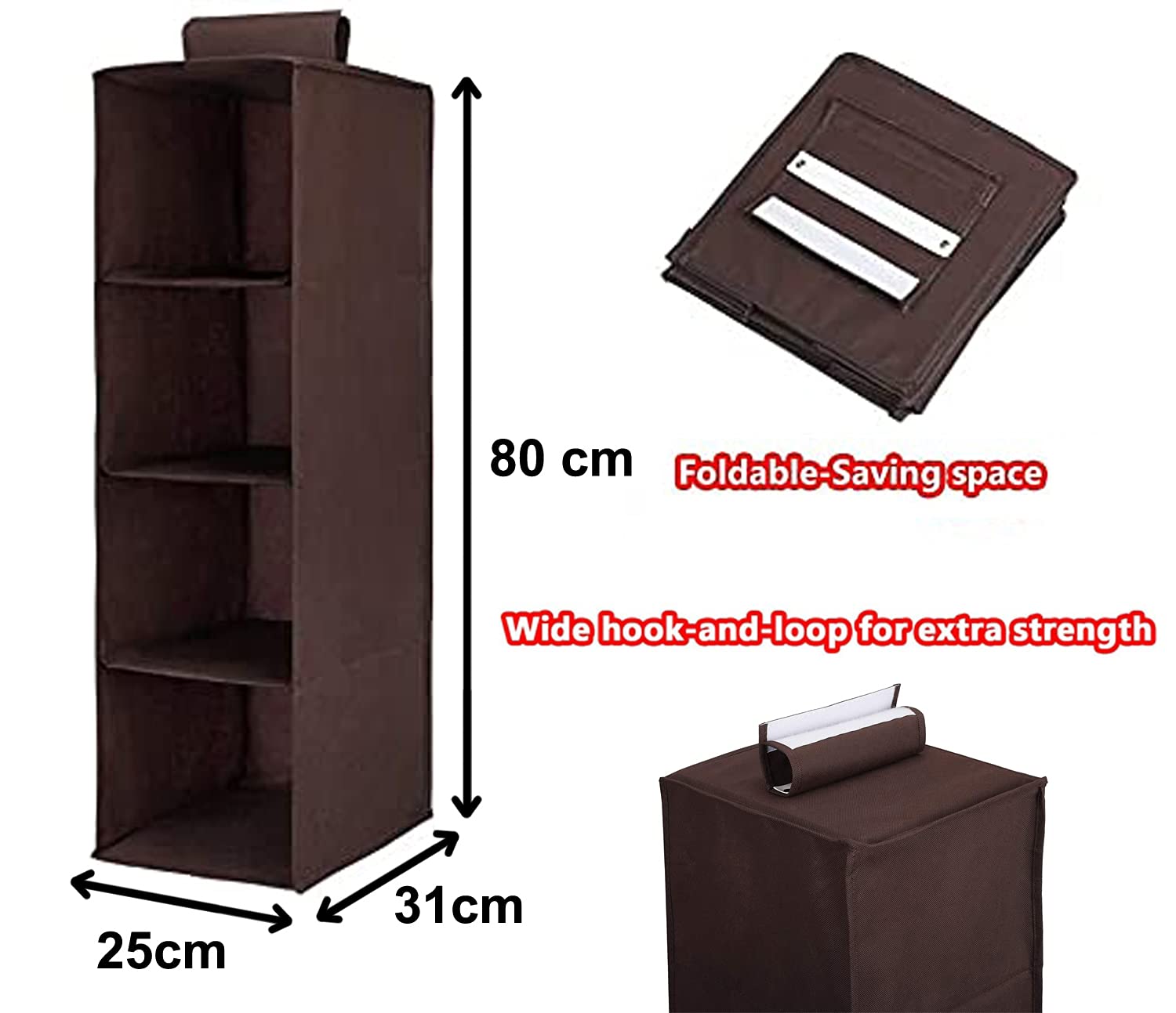 Kuber Industries 4 Shelf Closet/ Wardrobe Hanging Organizer|Shoes Storage Cupboard|Non Wovan Foldable With Universal Fit|Size 31 x 25 x 80, Pack of 1 (Brown)