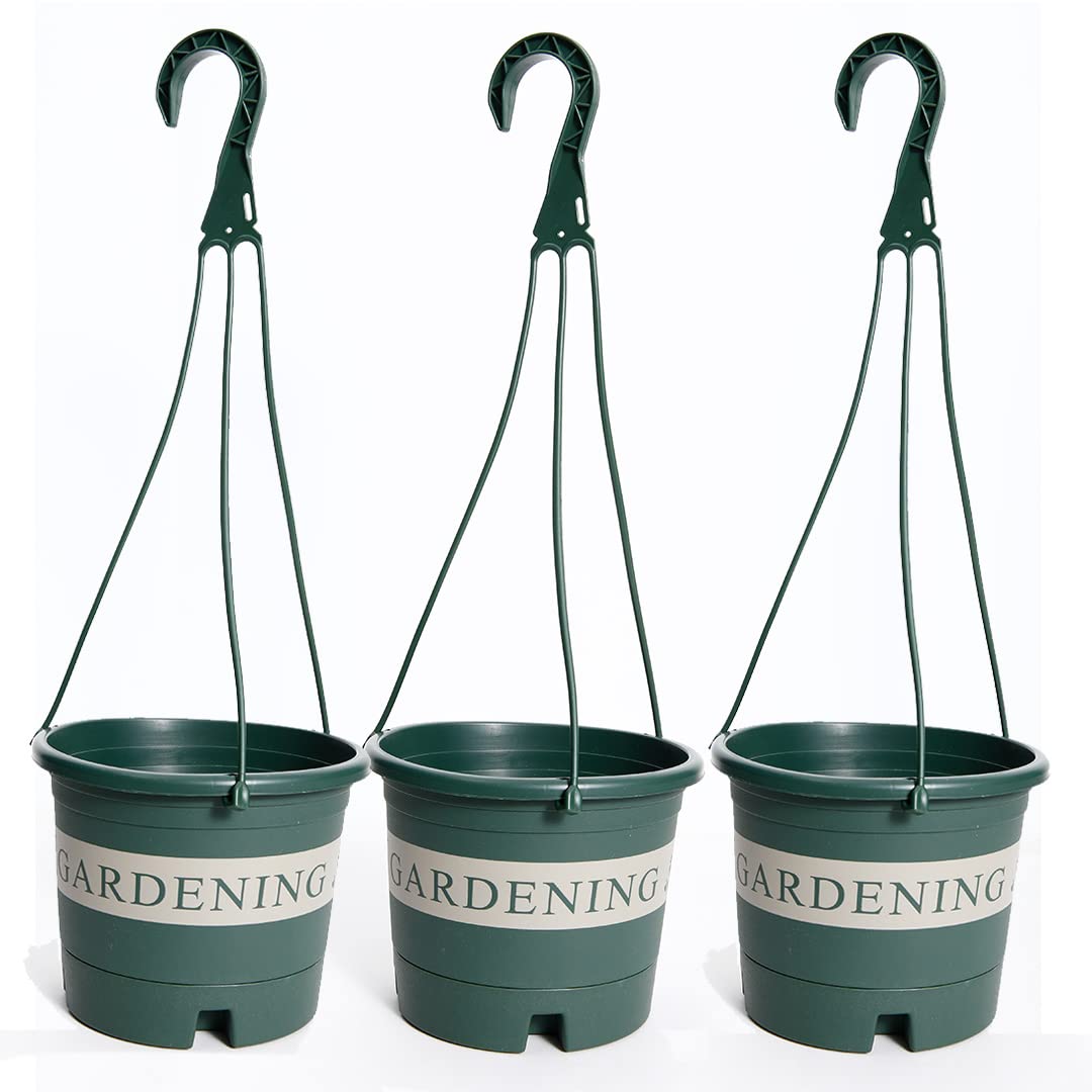 Kuber Industries Plastic Flower Pot|Indoor & Outdoor Hanging Planter|Durable & Lightweight|Water Drainage Holes|Hanging Pots for Plants Balcony Railing|Office Decor|Small|DP-1612|Set of 3|Green