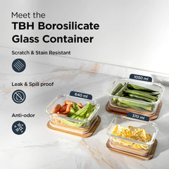 The Better Home Borosilicate Glass Containers with Wooden Lid, 3 pcs Set, Borosilicate Glass, Rectangle Shape, Transparent, Microwave Safe, 370ml, 640ml,1050ml