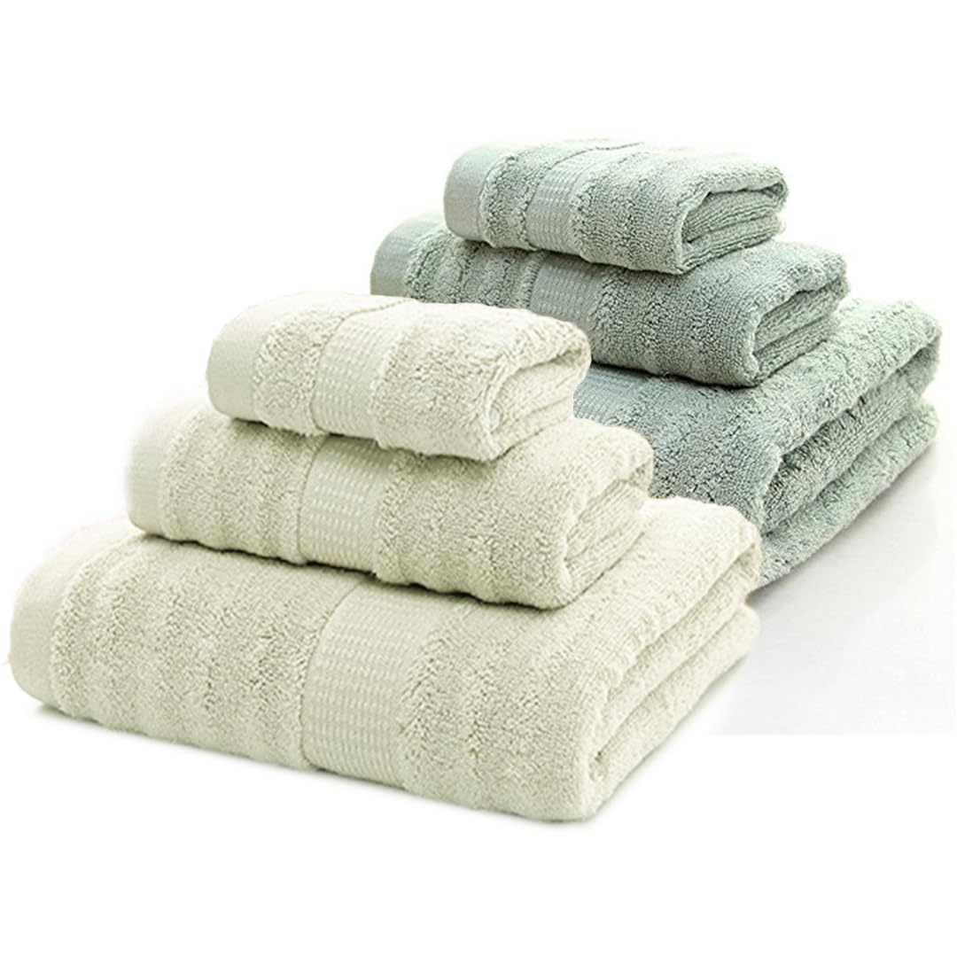 Mush Bamboo Towels Set | Ultra Soft, Absorbent and Antimicrobial 600 GSM (2 Bath Towel, 2 Hand Towel and 2 Face Towel) Perfect for Daily Use and Gifting (Cream & Green)