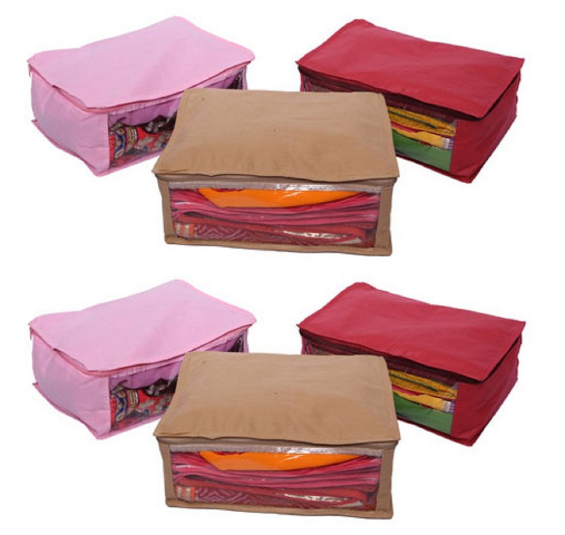 Kuber Industries Non Woven Saree Cover Set|Transparent Window & Zipper Closure|Regular Cloth Bag|Wardrobe Organiser Set|Pack of 6 (Multicolour)