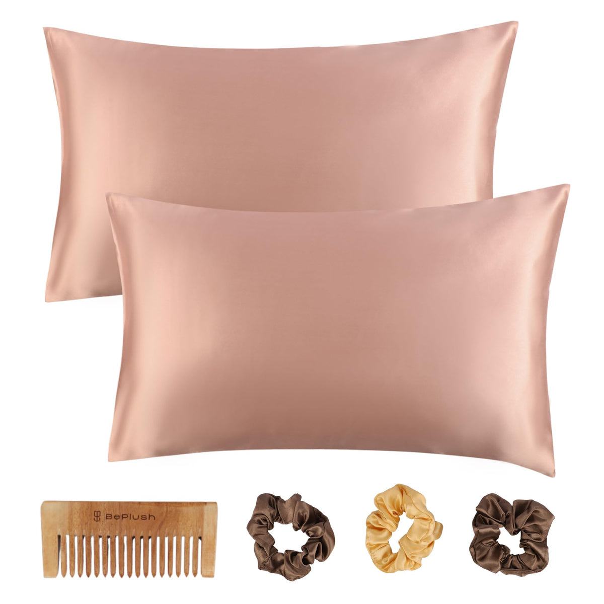 BePlush Satin Pillow Cover Set Of 2 with Envelope Closure and 3 Satin Scrunchies | Silk Pillow Cover for Hair and Skin Care | Includes 1 Wooden Comb | Hair & Skin Care Gift Combo | 400TC | Royal Beige