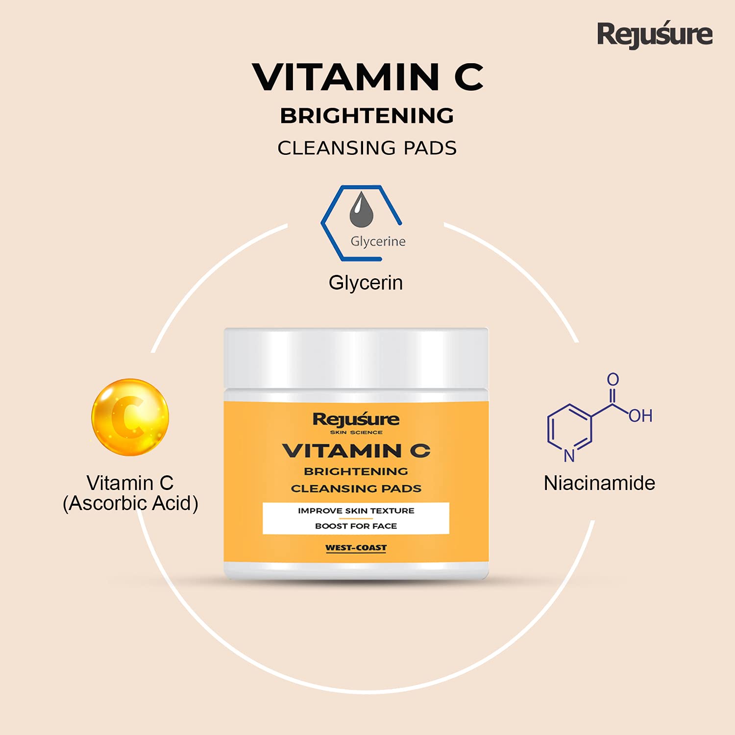 Rejusure Vitamin C Brightening Cleansing Pads Improve Skin Texture & Boost for Face |Paraben & Sulphate Free -50 Pads