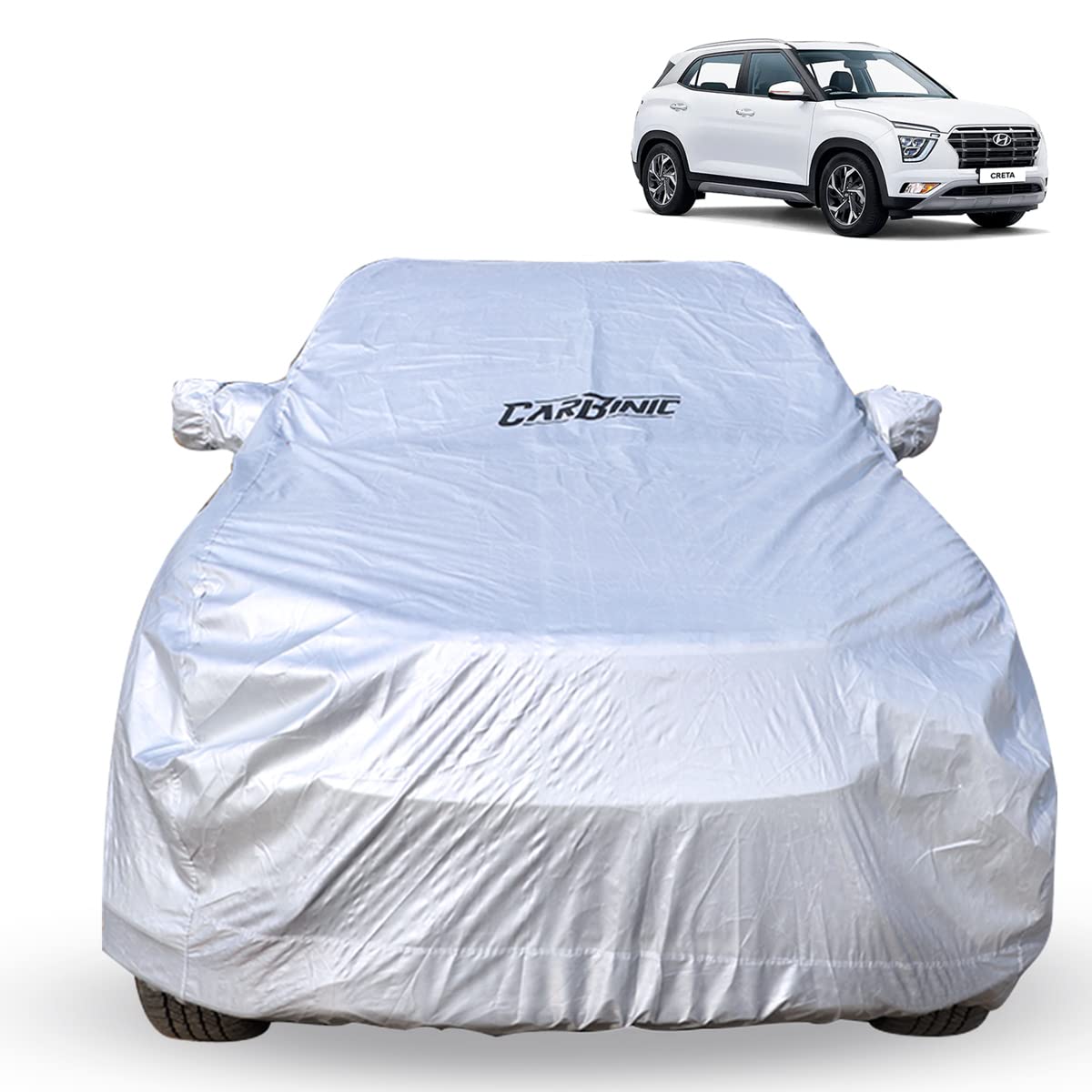 CarBinic Car Cover for Hyundai Creta 2022 Waterproof (Tested) and Dustproof Custom Fit UV Heat Resistant Outdoor Protection with Triple Stitched Fully Elastic Surface | Silver with Pockets