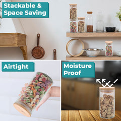 The Better Home Pack of 6 Kitchen Accessories Item with Bamboo Lid I Transparent Airtight Borosilicate Kitchen Containers Set | Glass Jars for Cookies Snacks Tea Coffee Sugar | 300 ml Each