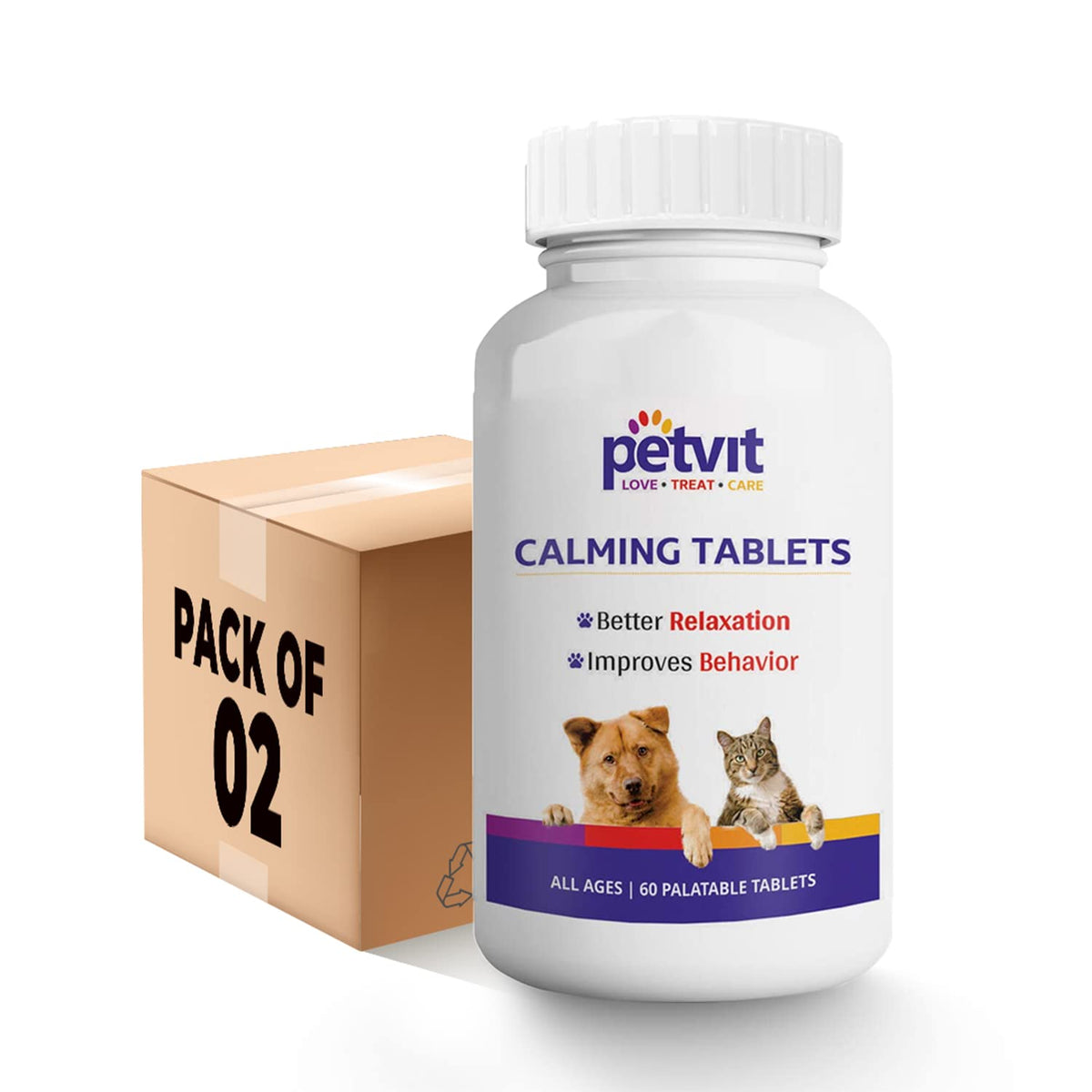 Petvit Calming & Relaxation Tablets - Natural Stress Relief | Dogs and Cats | 18+ Natural Extracts | 60 Chewable Tablets (Pack of 2)