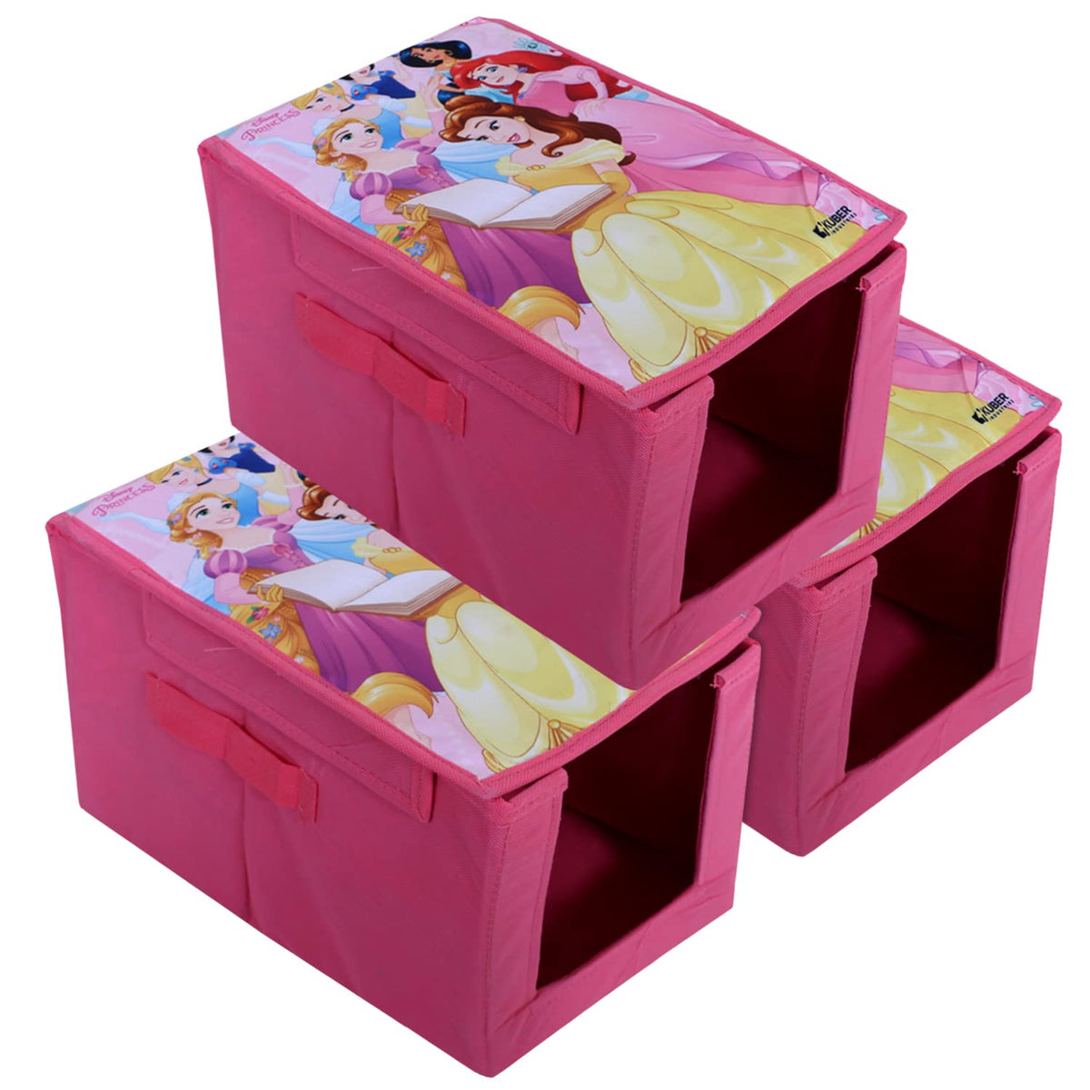 Kuber Industries Disney Princess Shirt Stacker|Wardrobe Organizer For Clothes|Non-Woven Wardrobe Organizer for Home With Lid|Pack of 3 (Pink)