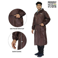 THE CLOWNFISH Polyester Reversible Use Unisex Waterproof Long Coat Raincoat For Men And Women With Adjustable Hood And Reflector At Back For Night Visibility Opener Series (Brown-Free Size)