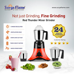 SuryaFlame 750-Watt Red Thunder Mixer Grinder with 3 Stainless Steel Jars (Red), 69 Ounce