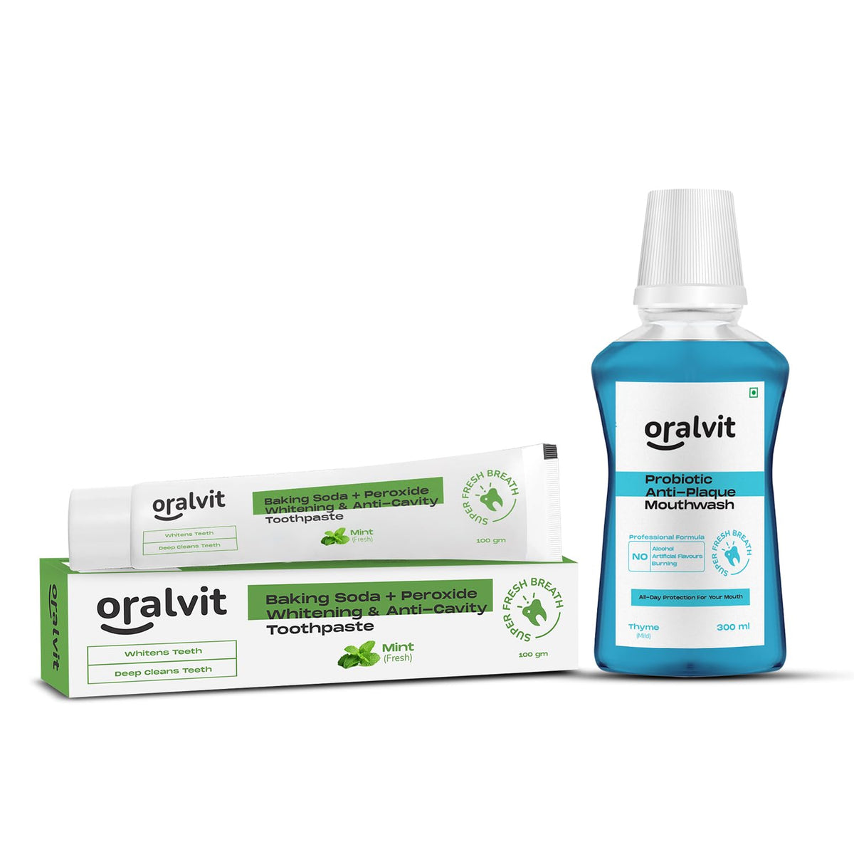 Oralvit Mouth Freshner Combo | Baking Soda Toothpaste & Anti - Plaque Mouthwash | For Dental Hygiene and Freshness - Thyme  (100g, 300ml)