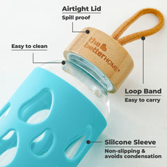 The Better Home Borosilicate Glass Water Bottle with Sleeve 550ml | Non Slip Silicon Sleeve & Bamboo Lid | Water Bottles for Fridge | Light Blue (Pack of 20)