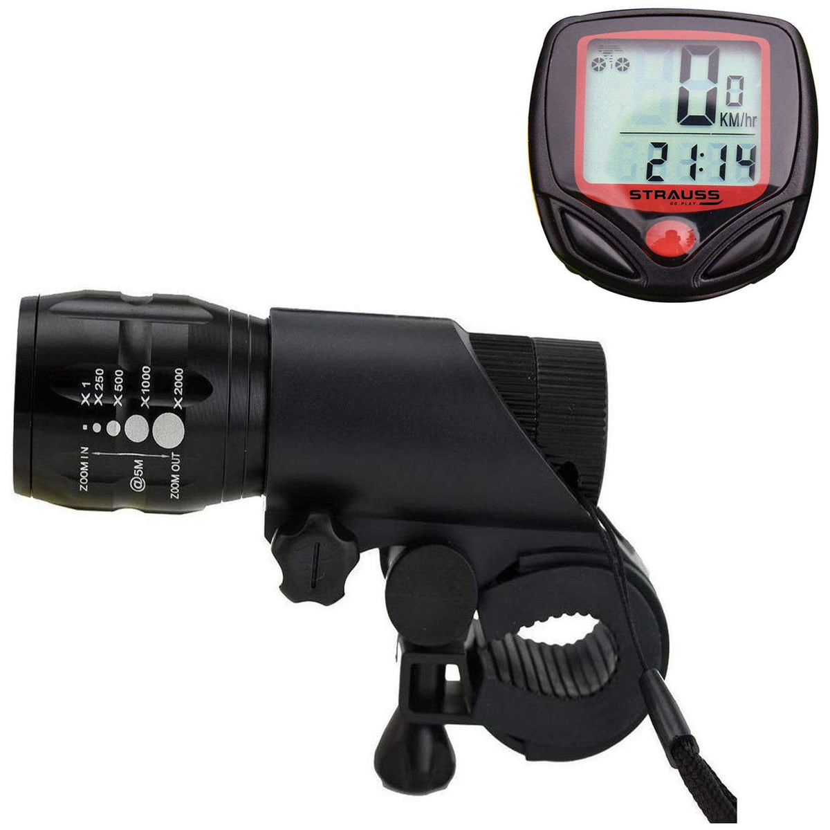 Strauss Bicycle Speedometer, (Black/Red) and Bicycle Zoom LED Torch with Mount Holder