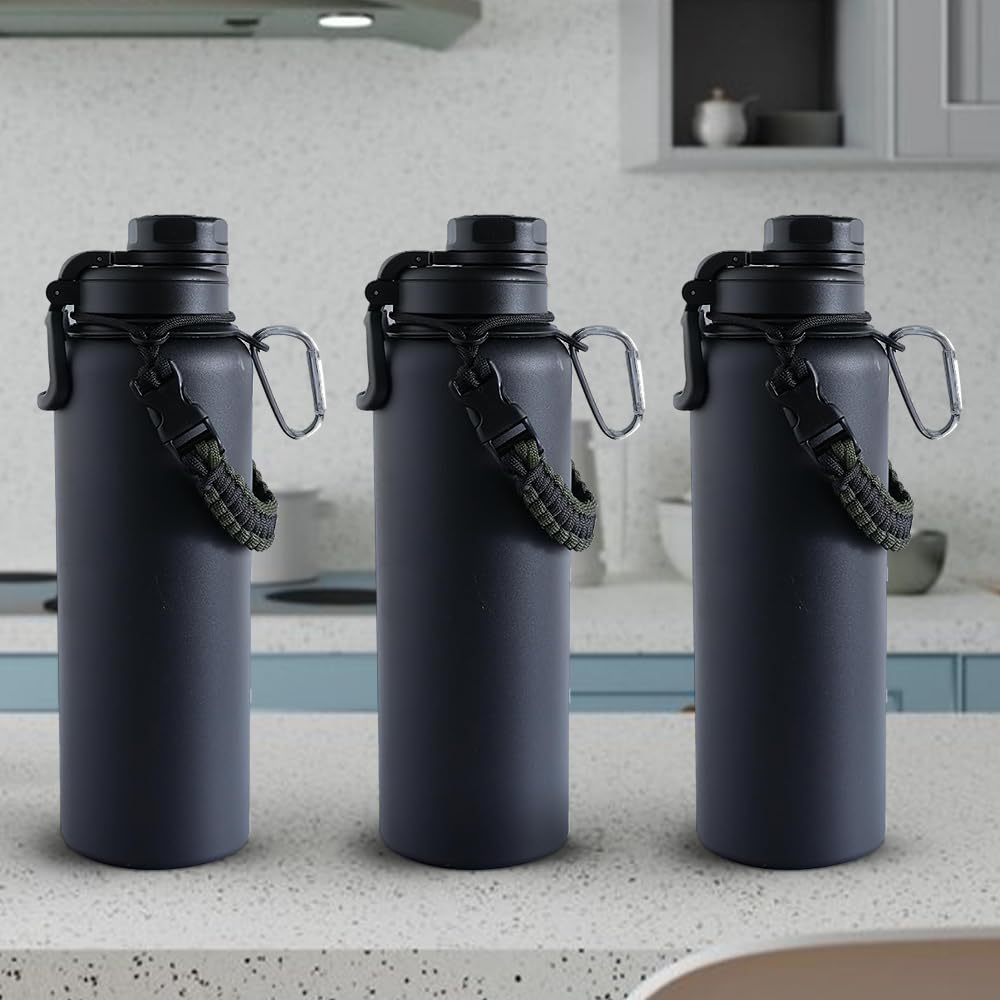 The Better Home Pack of 3 Stainless Steel Insulated Water Bottles | 1200 ml Each | Thermos Flask Attachable to Bags & Gears | 6/12 hrs hot & Cold | Water Bottle for School Office Travel | Black