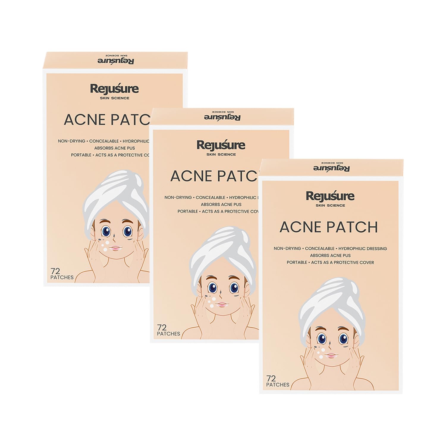 Rejusure Acne Patch | Waterproof Patches | Absorbs Pimple Overnight | Acne Korean Spot Patch for Covering Zits and Blemishes | For All Skin Types | Men & Women - (72 Count) (Pack of 3)