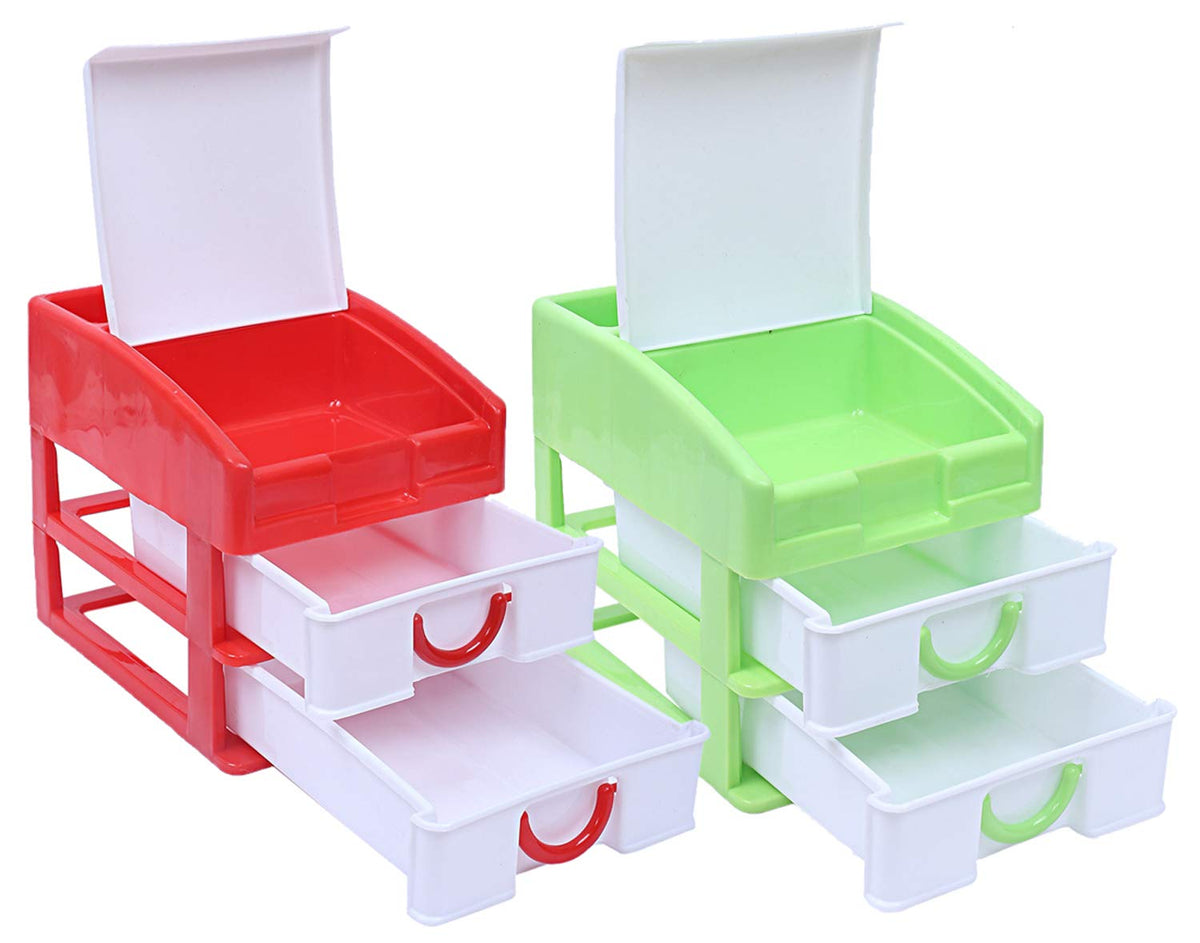 Kuber Industries Plastic 2 Pieces Three Layer Drawer Storage Cabinet Box (Red & Green)-CTKTC13129