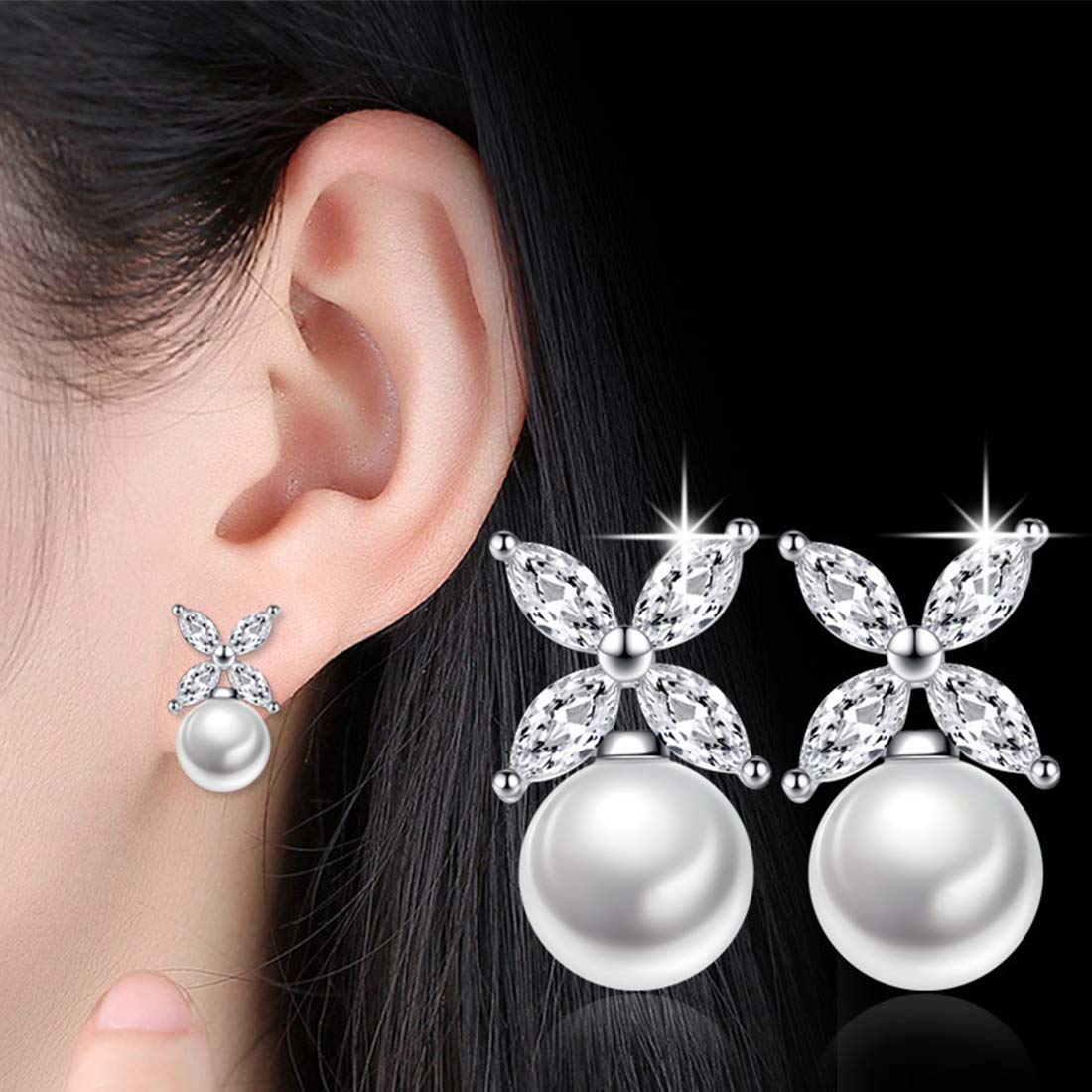 Yellow Chimes A5 Grade Crystal Stylish Latest Formal Casual Wear Evergreen White Pearl Studs Silver Plated Stud Earrings for Women and Girls (Floral Crystal)