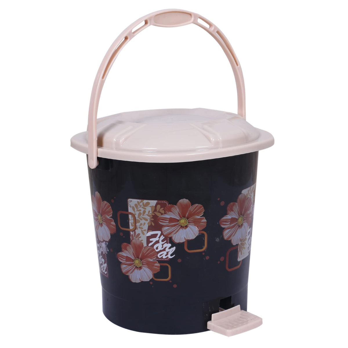 Kuber Industries Durable Floral Print Plastic Pedal Dustbin|Waste Bin|Trash Can For Kitchen & Home With Handle,7 Litre (Black)