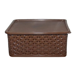 Kuber Industries Plastic Small Size Solitaire Storage Basket with Lid|Side Handles & Wovan Design|Size 25 x 20 x 11 CM|Pack of 2 (Multicolour, Rectangular)