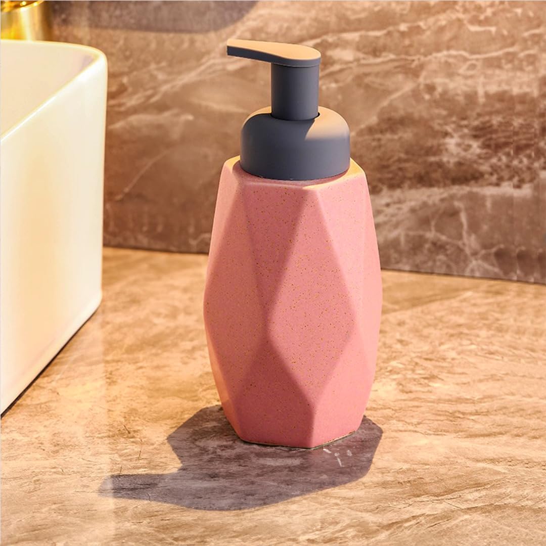 UMAI Liquid Soap Dispenser | Stoneware | Bathroom Sanitizer, Lotion, Shampoo Dispenser | Ceramic Handwash Bottle for Kitchen | Soap Dispenser for Wash Basin | Bathroom Accessories | 400ml (Pink)