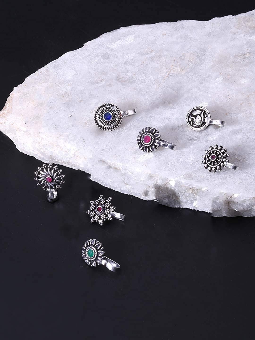 Yellow Chimes Nose Pin for Women and Girls | Traditional Silver Oxidised Nose Pin Without Piercing | German Silver Nose Pin Set | Floral Shaped Nosepin Combo | Accessories Jewellery for Women | Birthday Gift for Girls and Women Anniversary Gift for Wife