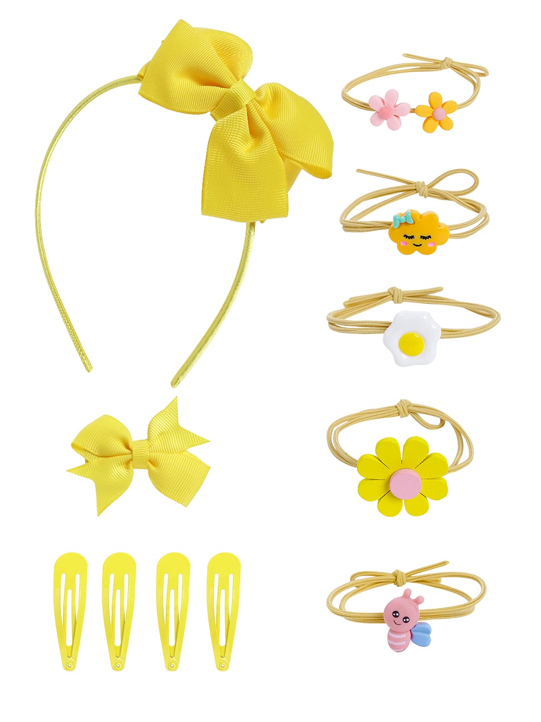 Melbees by Yellow Chimes Set of Hair Accessories Set of Bow Hair Band, 1 PCS Bow Hair Clips, 4 PCS Tic-Tac Hair Clips and 5 PCS Rubber Bands Pony Holders for Girls and Kids, Meduim (YCHASET-KD001-YL)