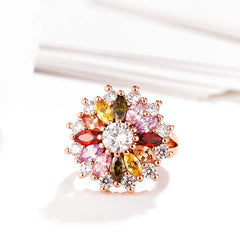 Yellow Chimes Rings for Women Multicolor Floral Ring Sparkling Glamourously Swiss Zircon Multi Color Rose Gold Plated Adjustable Ring for Women and Girls.