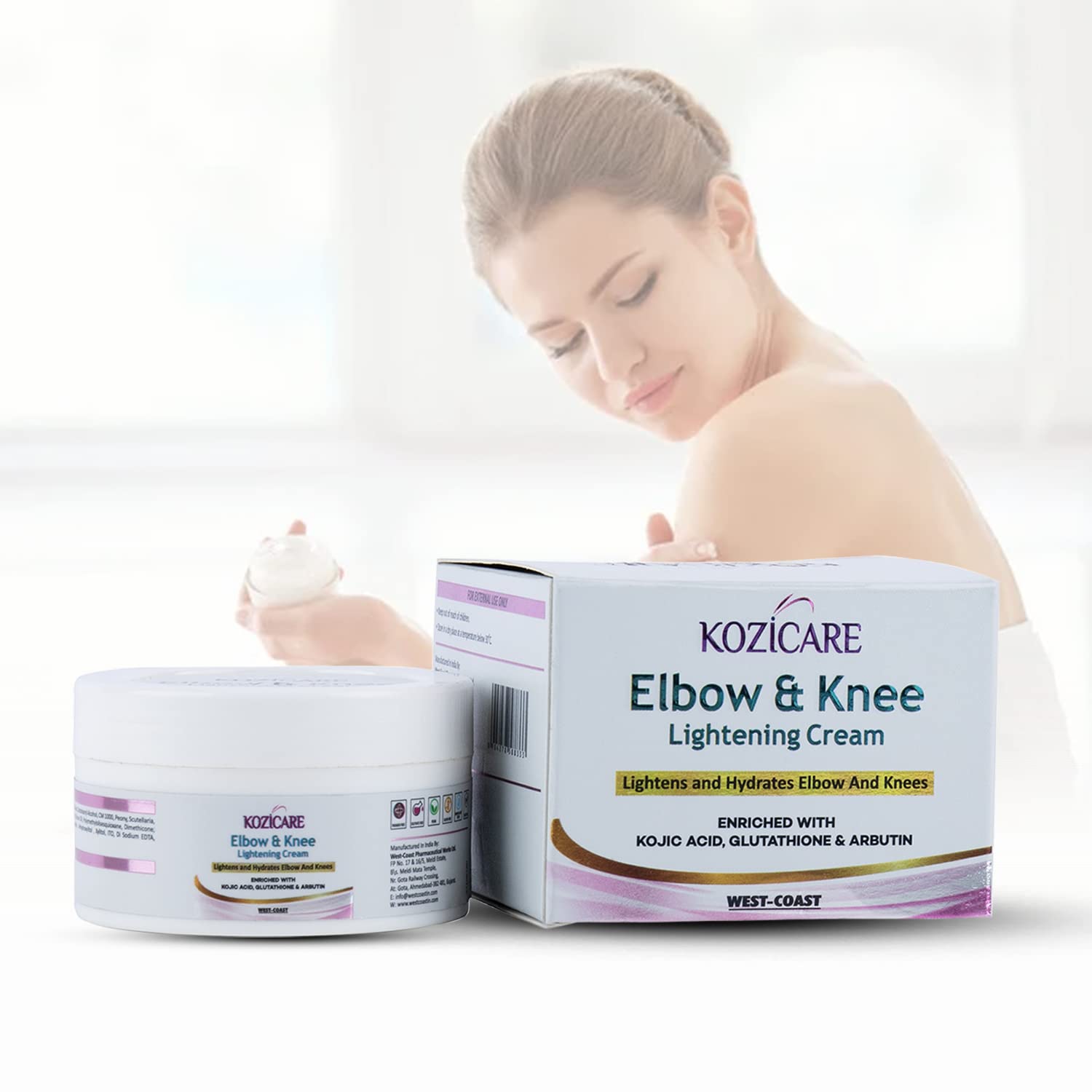 Kozicare Elbow & Knee Lightening Cream with 1% Glutathione, 1% Arbutin & 1% Kojic Acid |Improves Skin Texture |Hydrates and Softens Elbows & Knees | Eliminates Patchy Skin - 50gm