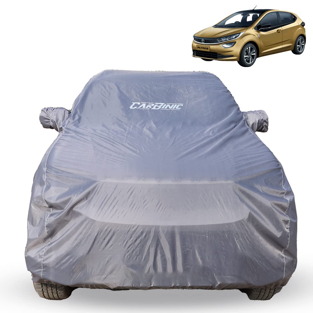 CARBINIC Car Body Cover for Tata Altroz 2020 | Water Resistant, UV Protection Car Cover | Scratchproof Body Shield | Dustproof All-Weather Cover | Mirror Pocket & Antenna | Car Accessories, Grey