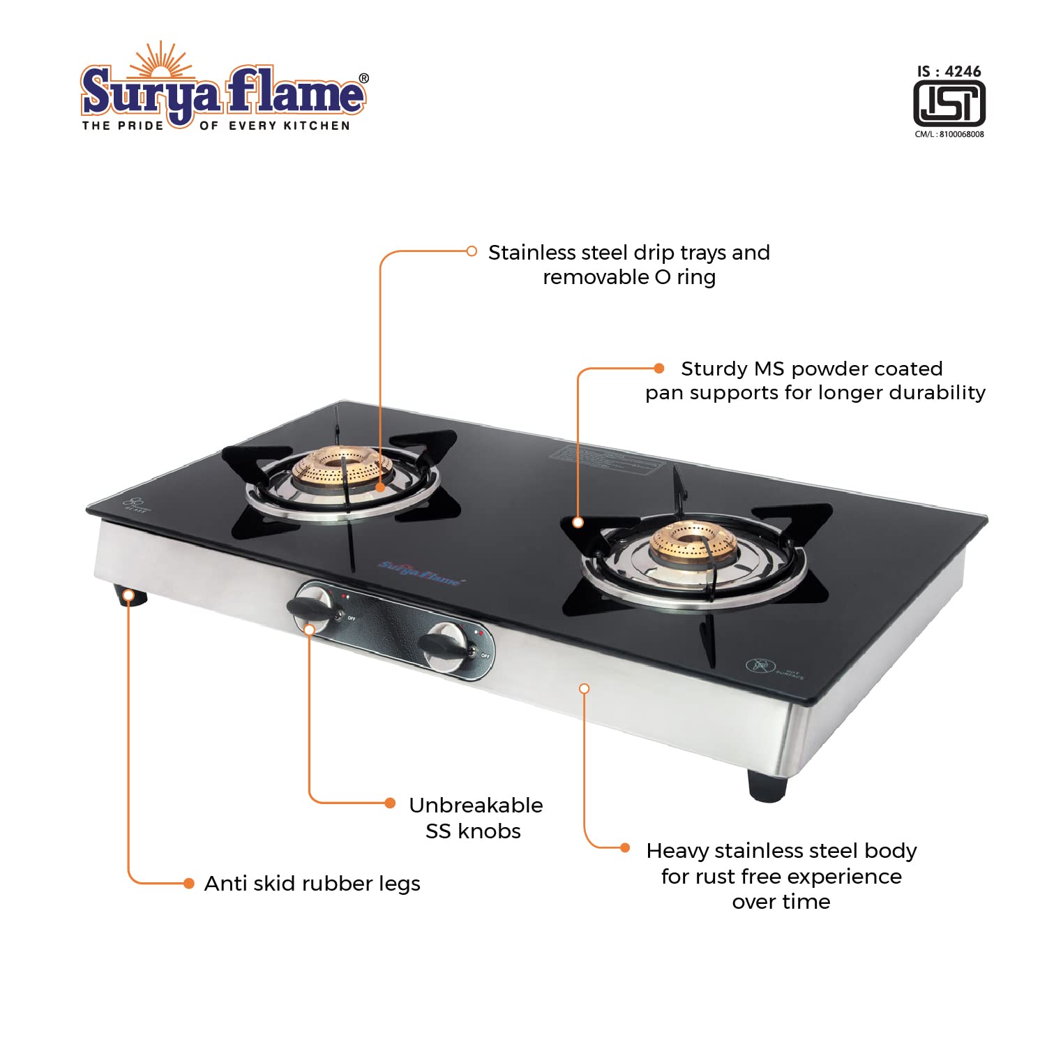 Surya Flame Supreme Gas Stove Glass Top | Stainless Steel Body | LPG Stove with Jumbo Burner & Spill Proof Design - 2 Years Complete Doorstep Warranty (2 Burner, 2)