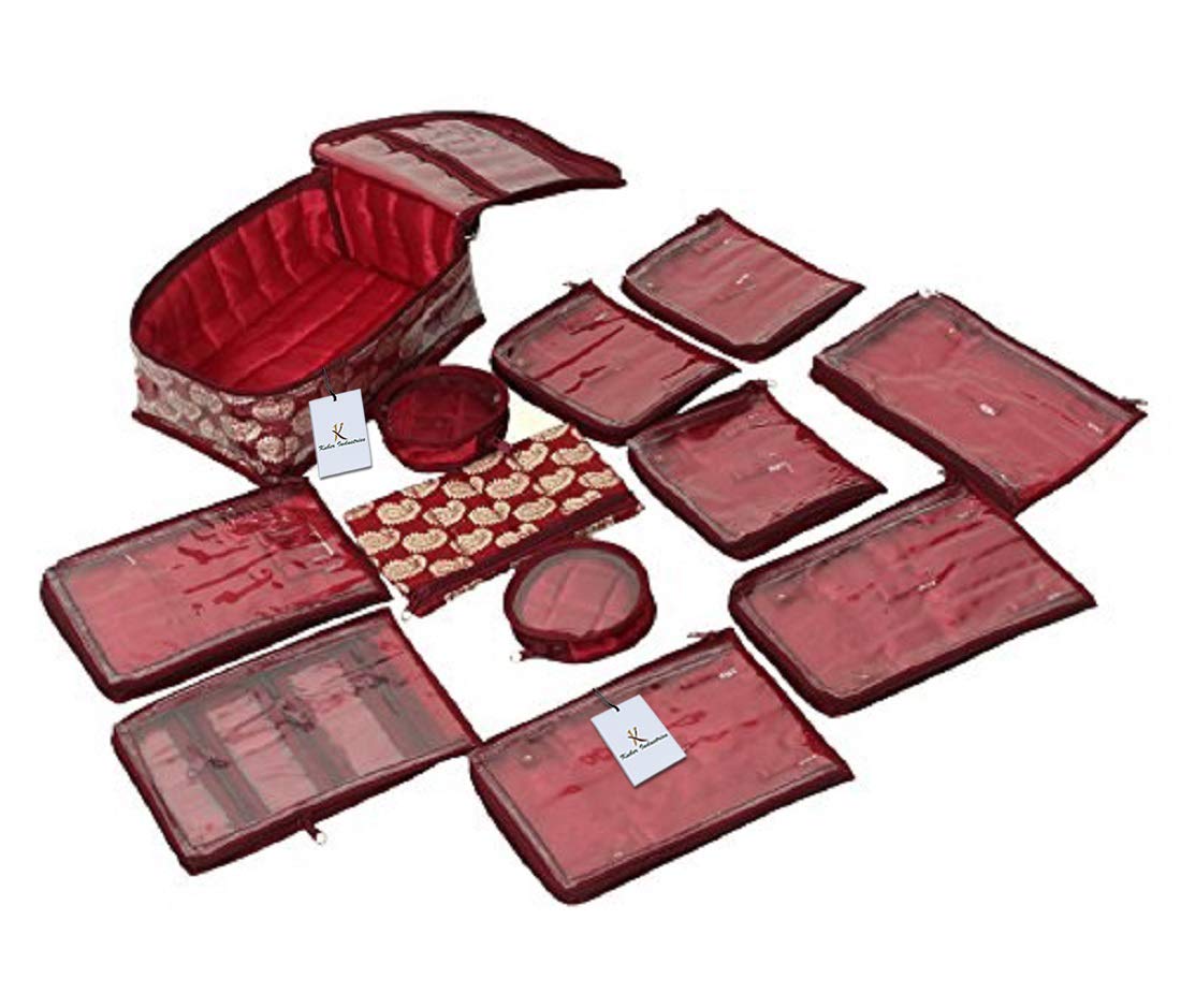 Kuber Industries Brocade Jewellery kit with 12 Pouch|Solid Print With Waterproof Outer Material|12 Pouches & Zipper Closure|Size 25 x 17 x 10, Pack of 1 (Maroon)