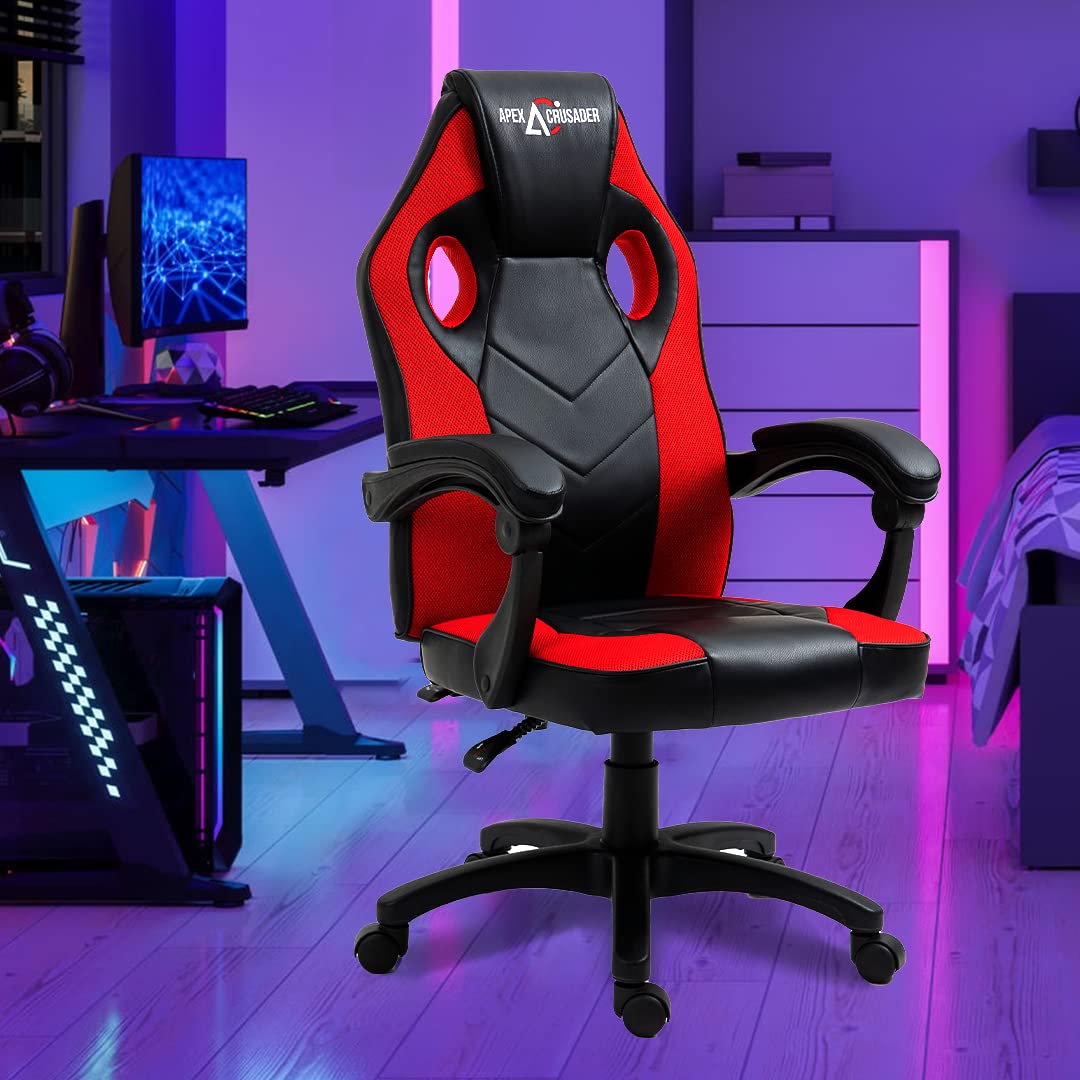 SAVYA HOME Hacker Multi-Functional Ergonomic Gaming/Computer/Home/Office Chair, Premium PVC Fabric Chair with Built-in Lumbar support (Blue)| Apex Crusader Gaming Series (Red)