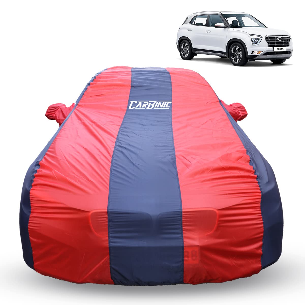 CARBINIC Car Cover for Hyundai Creta 2022 Water Resistant (Tested) and Dustproof Custom Fit UV Heat Resistant Outdoor Protection with Triple Stitched Fully Elastic Surface | Blue&Red with Pockets