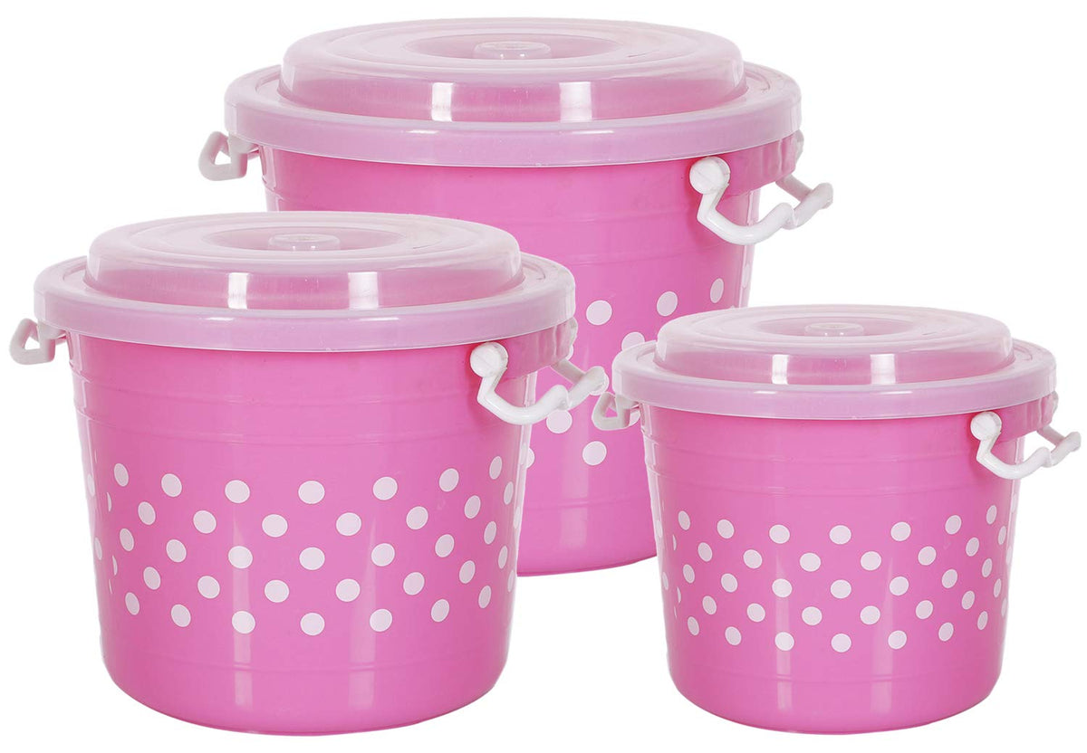 Kuber Industries Dots Design Virgin Plastic 3 Pieces Multipurpose Kitchen Storage Container with Side Lock-Handle,6 Ltrs,11 Ltrs,16 Ltrs (Pink) - CTKTC034831