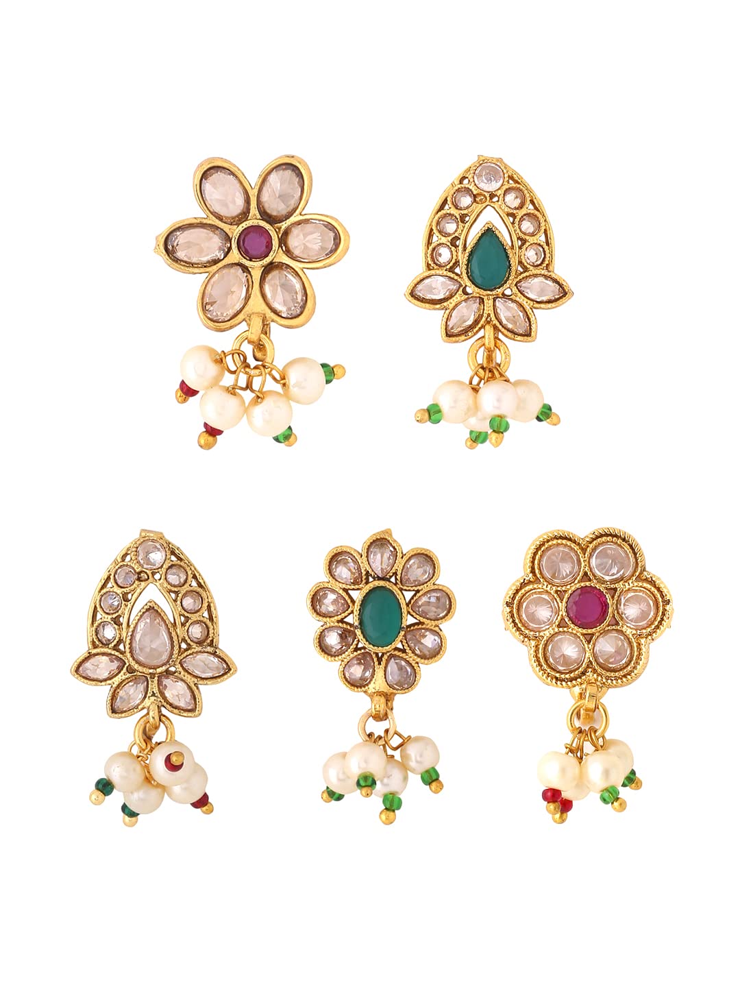 Yellow Chimes Nose Pins for Women Gold Toned Pressing/Non Piercing Crystal Studded Combo of 5 Pcs Floral Designed Nose Pins for Women and Girls