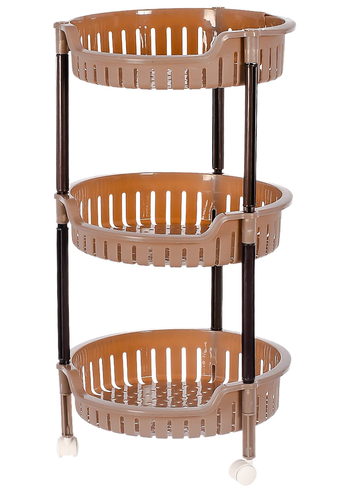 Kuber Industries Plastic 3-Tier Multi-Purpose Round Rolling Storage Cart Organizer Shelf Rack with Wheels (Brown) -46KM0555