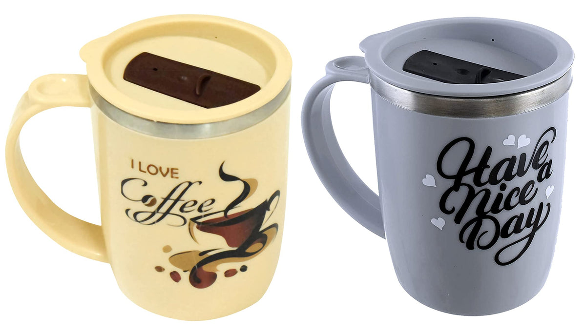 Kuber Industries Insulated BPA Free Plastic Coffee Mug with Lid, Pack of 2 (Grey & Coffee)