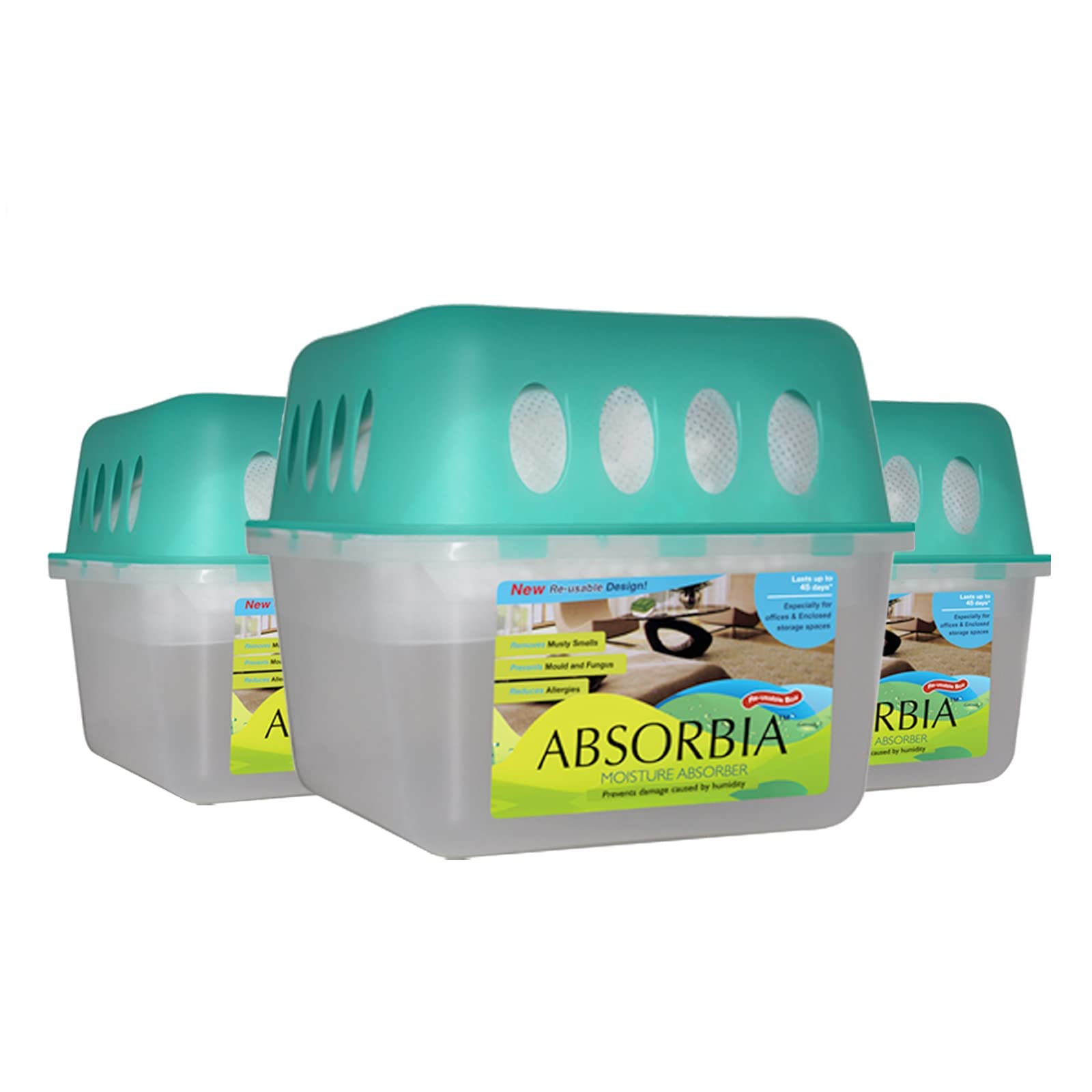 Absorbia Moisture Absorber | Absorbia Reusable Box w/Refill - Pack of 9 (800ml) | Dehumidifier for Basement, Storerooms, Spare Rooms Lofts | Fights Against Moisture, Mould, Fungus Musty Smells