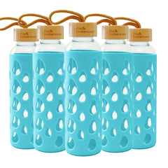 The Better Home Borosilicate Glass Water Bottle with Sleeve 550ml | Non Slip Silicon Sleeve & Bamboo Lid | Water Bottles for Fridge (Pack of 5)