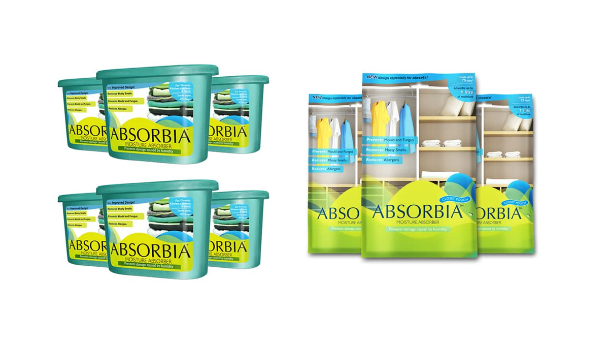 Absorbia Moisture Absorber|Absorbia Hanging Pouch - Pack of 3(440 g X 3 Pouches) AND Absorbia Classic - Pack of 6 (300 g X 6 Boxes) | Dehumidifier for Wardrobe, Cupboards & Closets