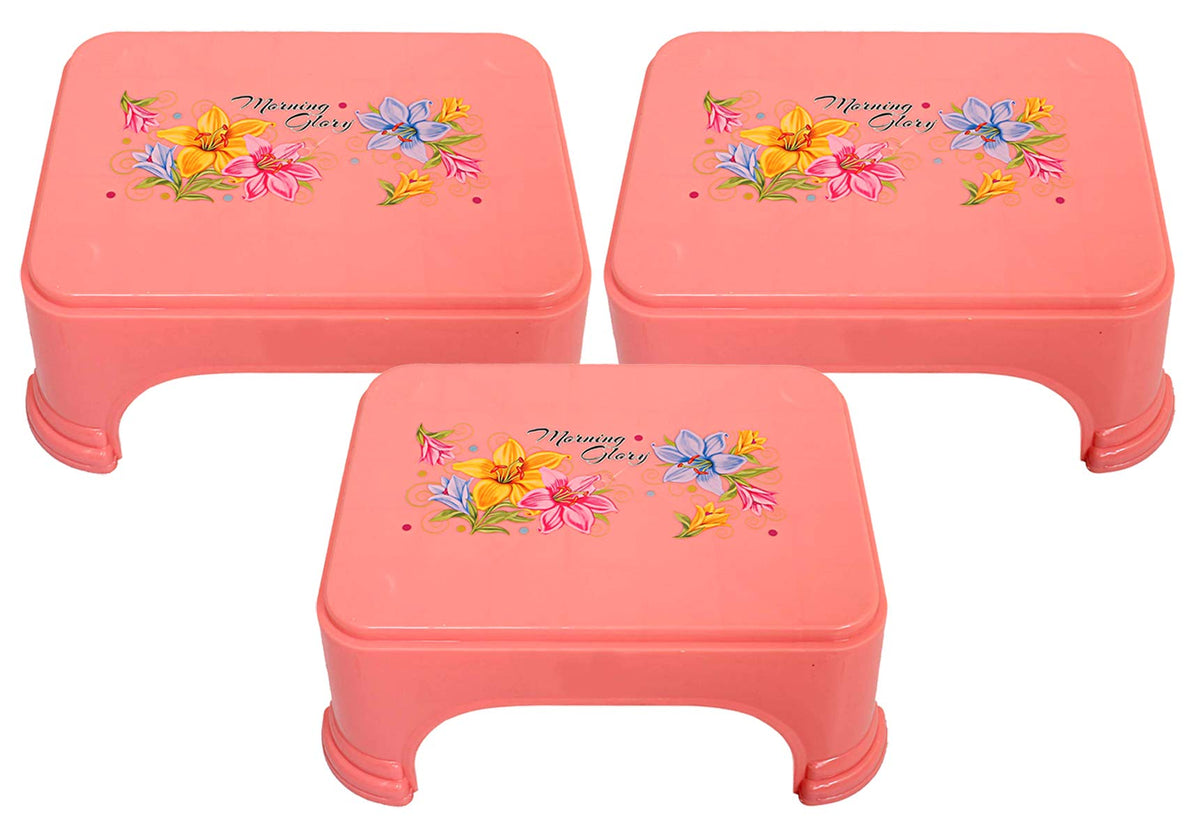 Kuber Industries Floral Print 3 Pieces Plastic Bathroom Stool, Adults Simple Style Stool Anti-Slip with Strong Bearing Stool for Home, Office, Kindergarten, Pink-KUBMART10867