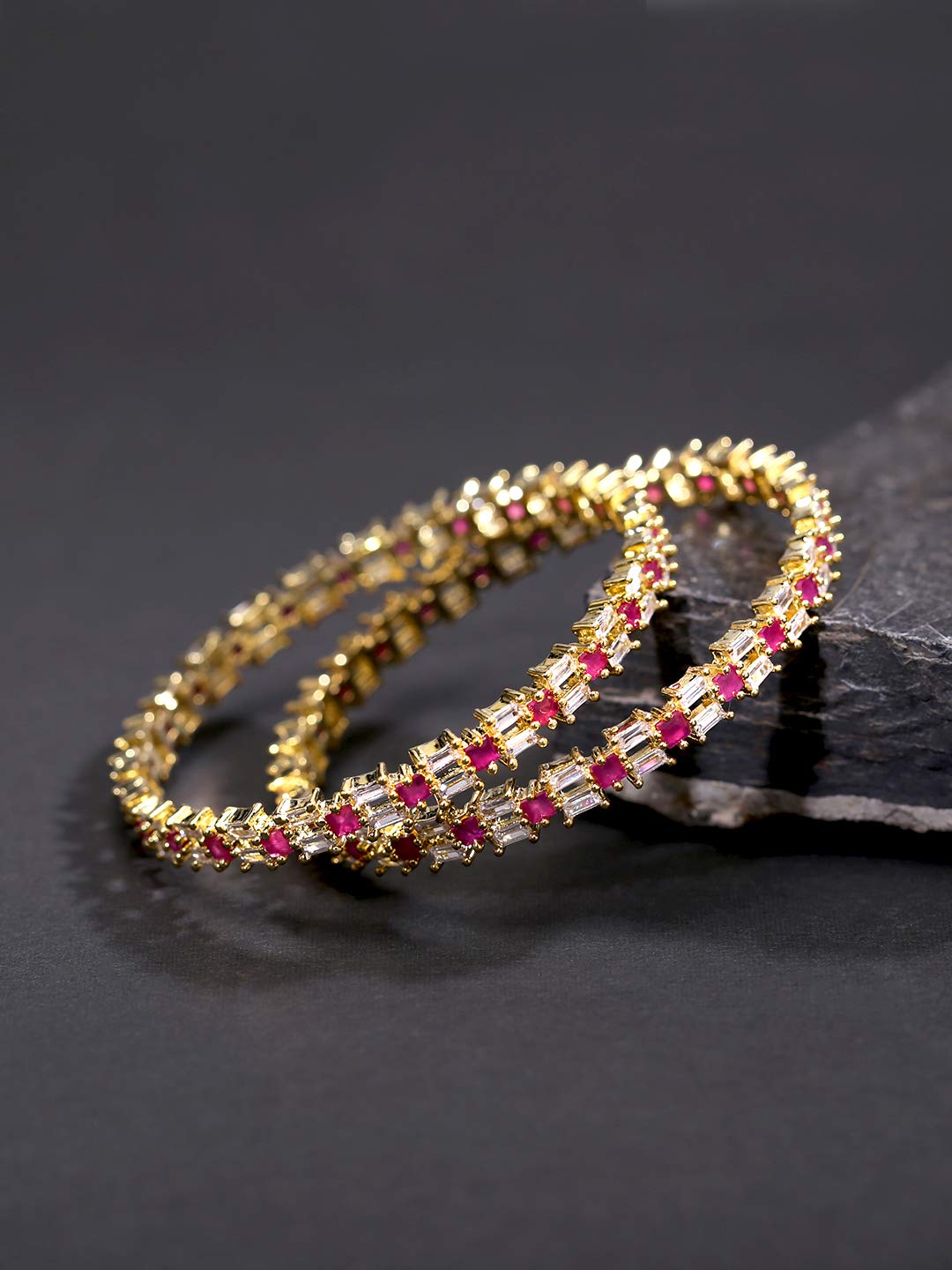 Yellow Chimes Elegant Set of 2 Pcs Pink AD/American Diamond Studded 18k Gold Plated Handcrafted Designer Bangles for Women & Girls (2.8)