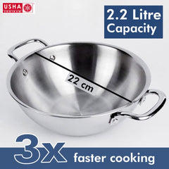 USHA SHRIRAM Triply Stainless Steel Kadai with Lid | 22 cm Diameter | 2.2 L Capacity | Stove & Induction Cookware | Heat Surround Cooking | Triply Stainless Steel cookware with lid